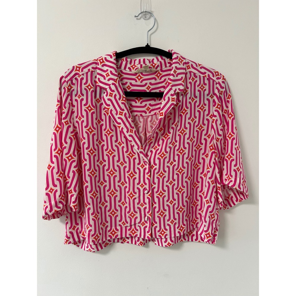 Boden Geometric Print Cropped Blouse Women 8 Pink Orange Mod Short Sleeve Top